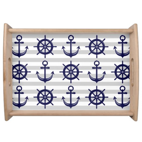 Nautical Navy Blue Anchor Boat Wheel Gray Stripe Serving Tray