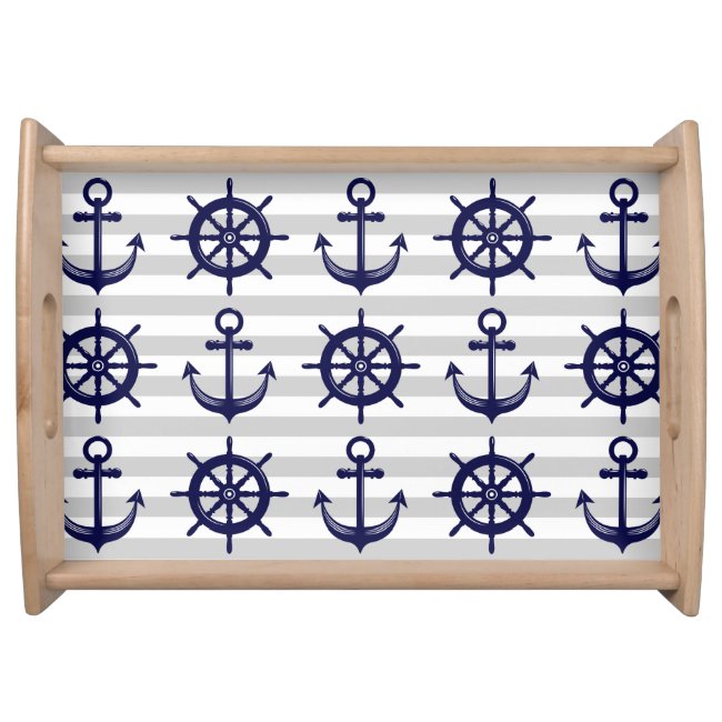 Nautical Navy Blue Anchor Boat Wheel Gray Stripe