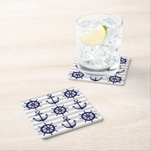 Nautical Navy Blue Anchor Boat Wheel Gray Stripe