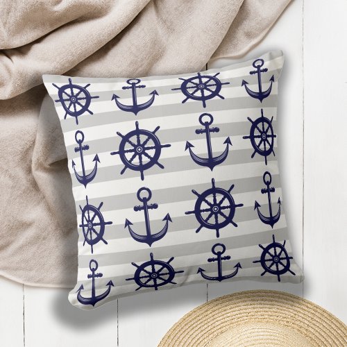 Nautical Navy Blue Anchor Boat Wheel Gray Stripe Throw Pillow