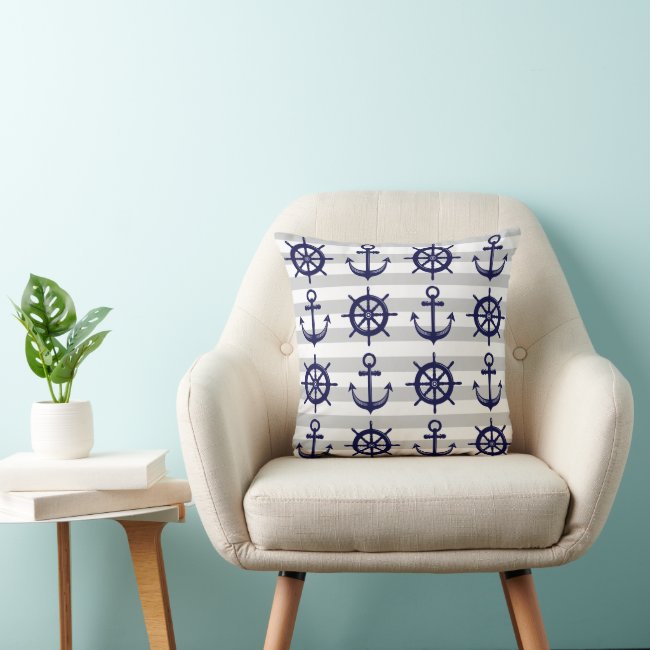 Nautical Navy Blue Anchor Boat Wheel Gray Stripe