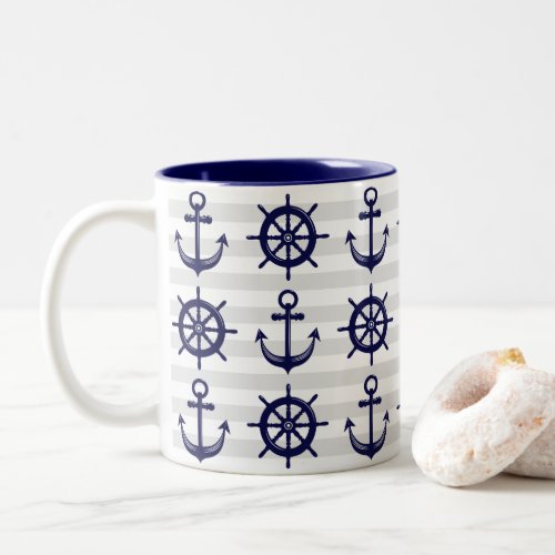 Nautical Navy Blue Anchor Boat Wheel Gray Stripe Two_Tone Coffee Mug