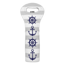 Nautical Navy Blue Anchor Boat Wheel Gray Stripe