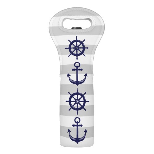 Nautical Navy Blue Anchor Boat Wheel Gray Stripe Wine Bag