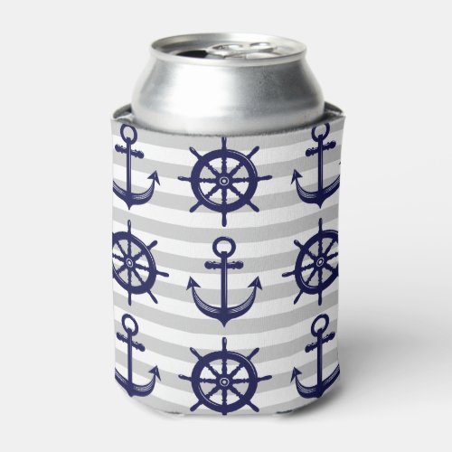 Nautical Navy Blue Anchor Boat Wheel White Stripe Can Cooler