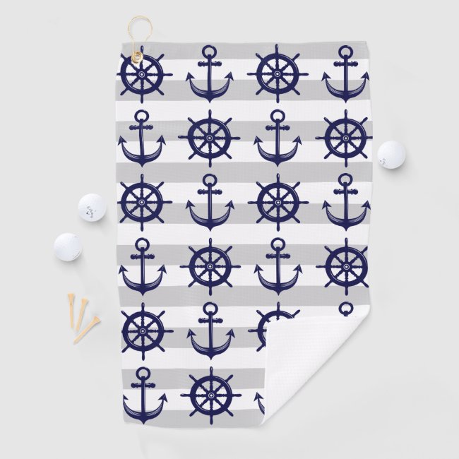 Nautical Navy Blue Anchor Boat Wheel White Stripe