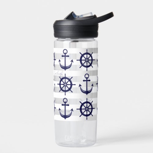 Nautical Navy Blue Anchor Boat Wheel White Stripe Water Bottle