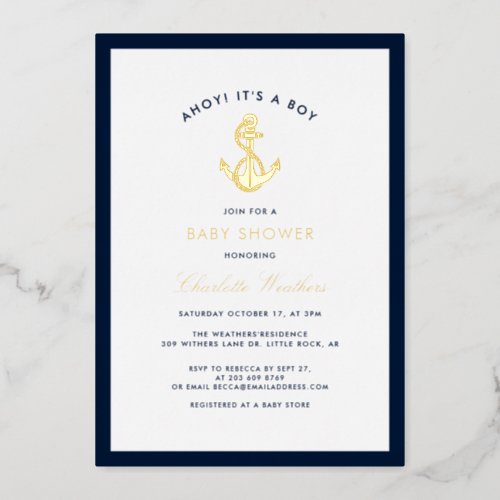 Nautical Navy Blue Anchor Boy Baby Shower Gold Foil Invitation