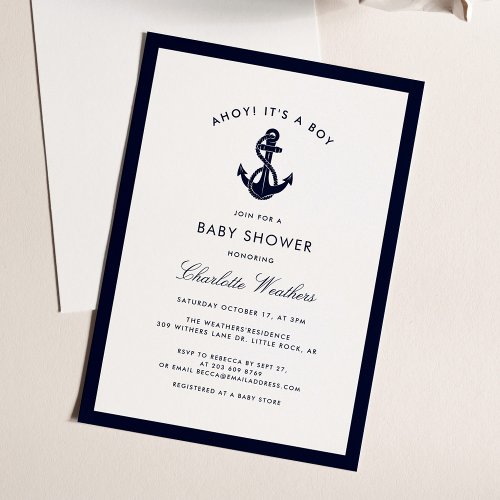 Nautical Navy Blue Anchor Boy Baby Shower Invitation