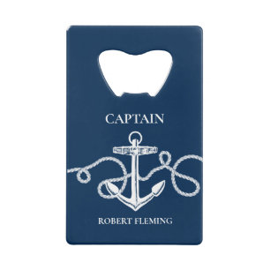 Nautical Navy Blue Anchor Captain Name Credit Card Bottle Opener