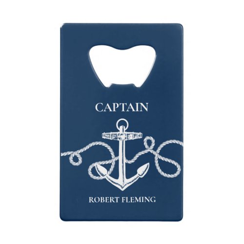 Nautical Navy Blue Anchor Captain Name Credit Card Bottle Opener