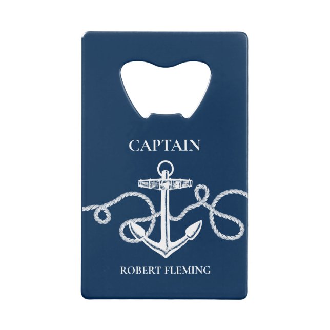Nautical Navy Blue Anchor Captain Name Credit Card Bottle Opener (Front)