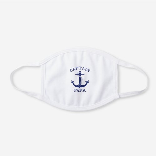 Nautical Navy Blue Anchor Captain Papa Monogram White Cotton Face Mask