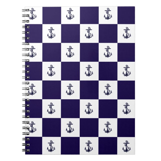 Nautical Navy Blue Anchor Checker Board Notebook (Front)