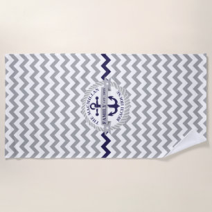 Nautical Navy Blue Anchor Chevron Pattern Family Beach Towel