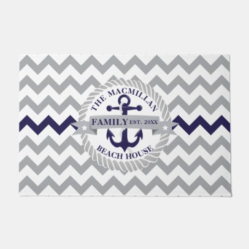 Nautical Navy Blue Anchor Chevron Pattern Family Doormat