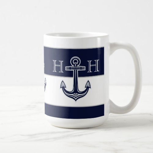 Nautical Navy Blue Anchor Coastal Monogram Coffee  Coffee Mug