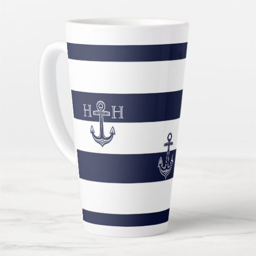 Nautical Navy Blue Anchor Coastal Monogram Coffee  Latte Mug