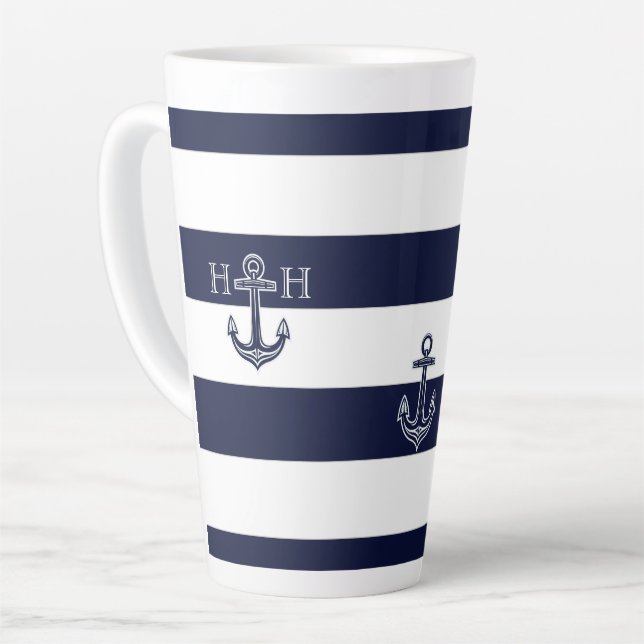 Nautical Navy Blue Anchor Coastal Monogram Coffee  Latte Mug (Left Angle)
