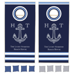 Nautical Navy Blue Anchor Coastal Monogram Cornhole Set