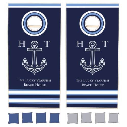 Nautical Navy Blue Anchor Coastal Monogram Cornhole Set