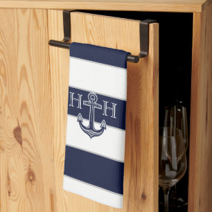 Nautical Navy Blue Anchor Coastal Monogram Kitchen Towel