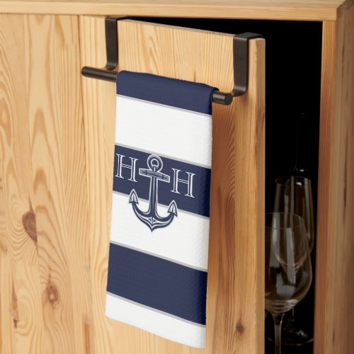 Nautical Navy Blue Anchor Coastal Monogram  Kitchen Towel