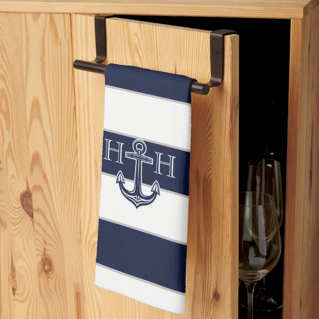 Nautical Navy Blue Anchor Coastal Monogram  Kitchen Towel (Thirds Fold)