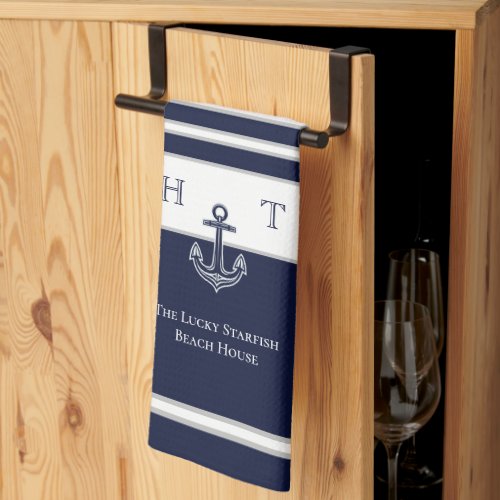 Nautical Navy Blue Anchor Coastal Monogram Name  B Kitchen Towel
