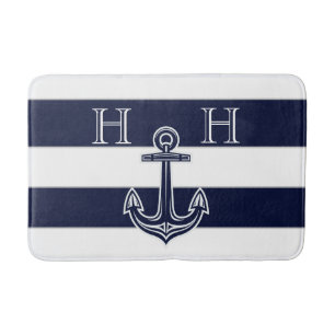 Nautical Navy Blue Anchor Coastal Monogram Name Bath Mat