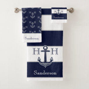 Nautical Navy Blue Anchor Coastal Monogram Name Bath Towel Set