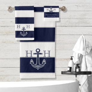 Nautical Navy Blue Anchor Coastal Monogram Name  Bath Towel Set