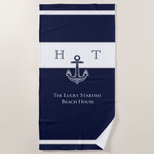 Nautical Navy Blue Anchor Coastal Monogram Name Beach Towel | Zazzle.com