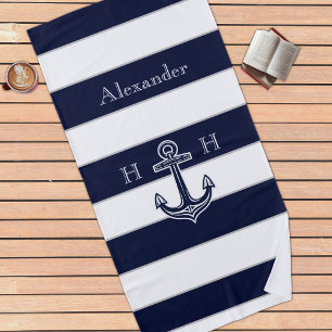 Nautical Navy Blue Anchor Coastal Monogram Name Beach Towel