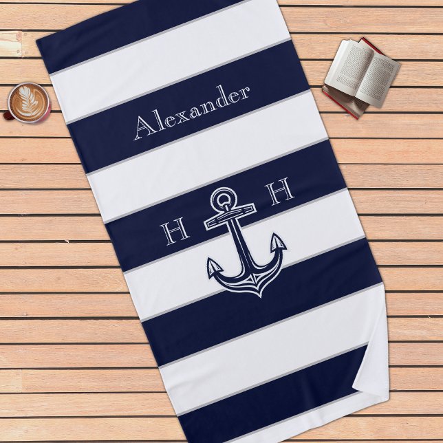 Nautical Navy Blue Anchor Coastal Monogram Name Beach Towel (Creator Uploaded)