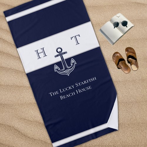 Nautical Navy Blue Anchor Coastal Monogram Name  Beach Towel