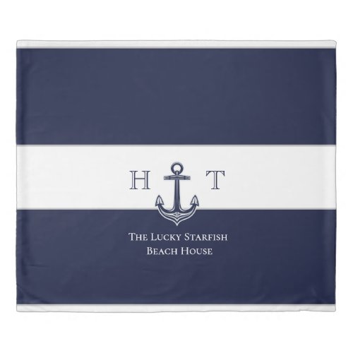 Nautical Navy Blue Anchor Coastal Monogram Name Duvet Cover
