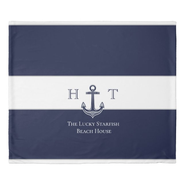 Nautical Navy Blue Anchor Coastal Monogram Name Duvet Cover (Front)
