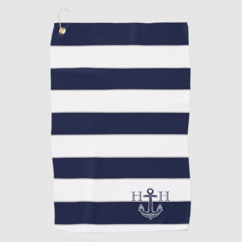Nautical Navy Blue Anchor Coastal Monogram Name  Golf Towel