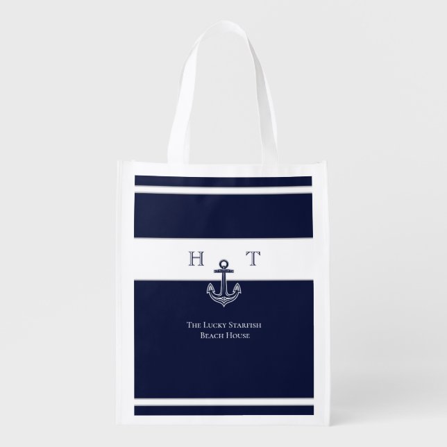 Nautical Navy Blue Anchor Coastal Monogram Name Grocery Bag (Front)