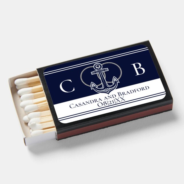 Nautical Navy Blue Anchor Coastal Monogram Name Pl Matchboxes (Front Open)