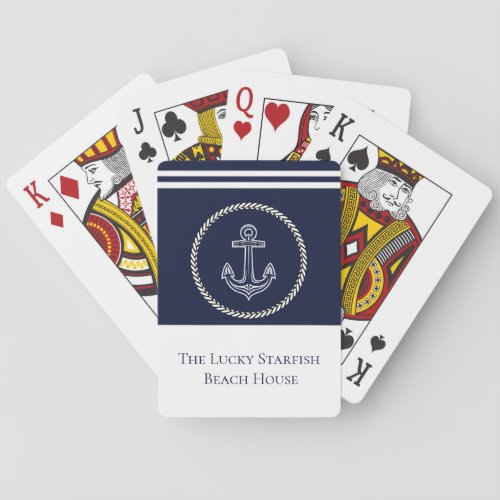 Nautical Navy Blue Anchor Coastal Monogram Name Playing Cards