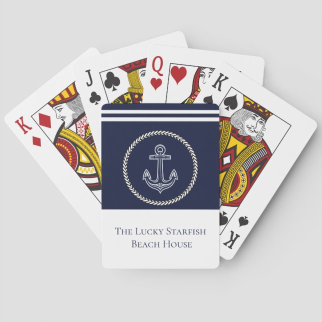 Nautical Navy Blue Anchor Coastal Monogram Name Poker Cards (Back)