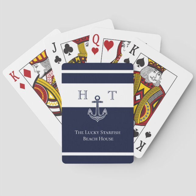 Nautical Navy Blue Anchor Coastal Monogram Name Poker Cards (Back)