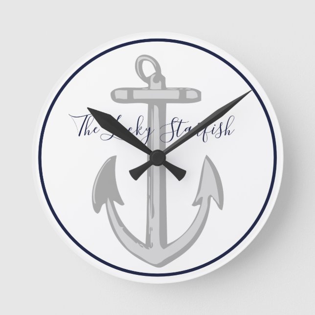 Nautical Navy Blue Anchor Coastal Monogram Round C Round Clock (Front)