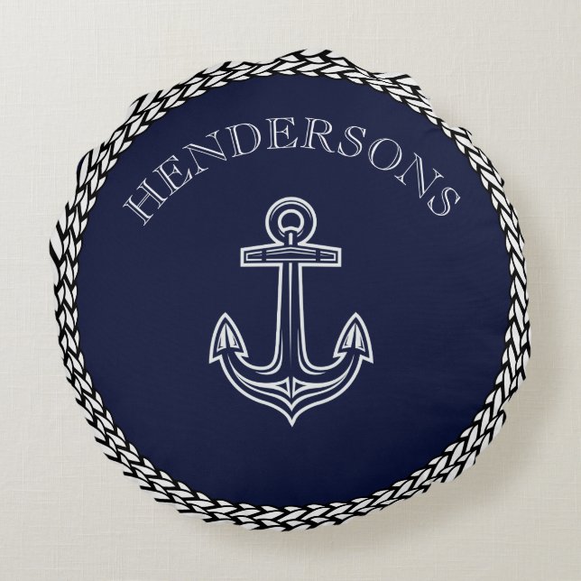 Nautical Navy Blue Anchor Coastal Monogram Round P Pillow (Back)
