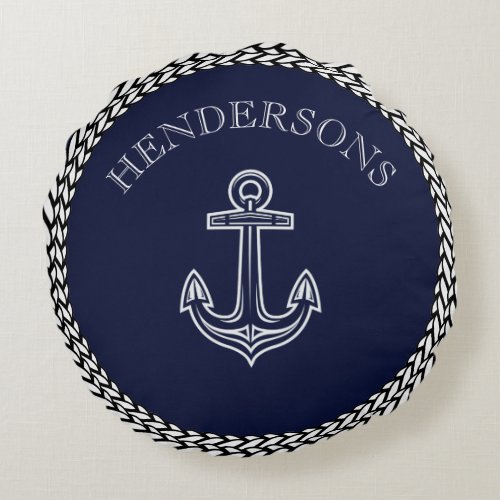 Nautical Navy Blue Anchor Coastal Monogram Round P Round Pillow