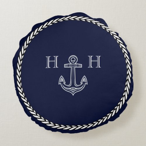 Nautical Navy Blue Anchor Coastal Monogram Round Pillow