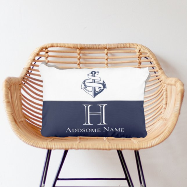 Nautical Navy Blue Anchor Coastal Monogrammed Acce Outdoor Pillow (Creator Uploaded)