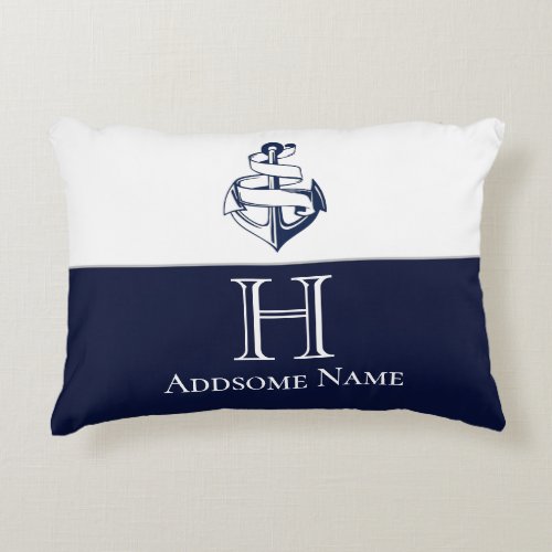 Nautical Navy Blue Anchor Coastal Monogrammed Accent Pillow